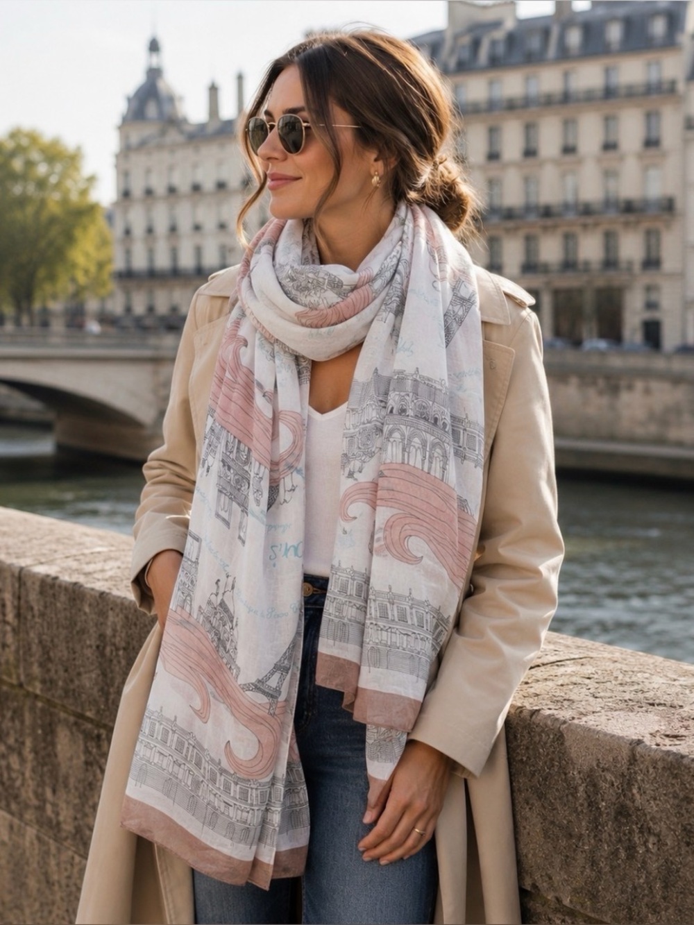 “Gaze de Paris" Paris Landmarks Lightweight Scarf Wrap Shawl French Girl Travel
